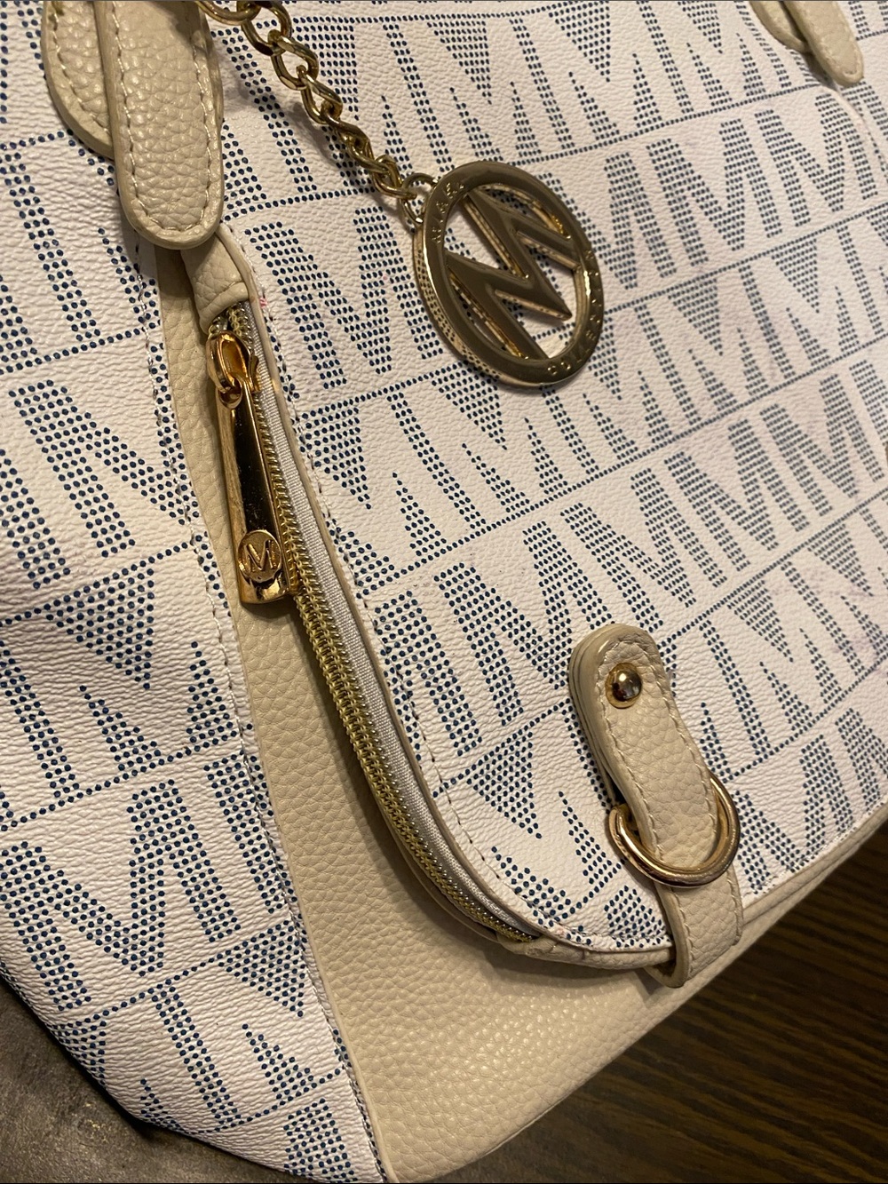 White Patterned Women's Satchel Bag with Gold Accents - Picture 4 of 10